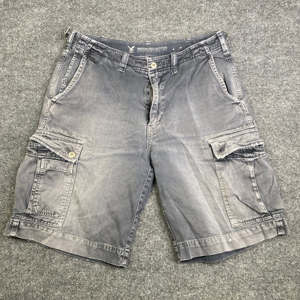 American Eagle Mens Cargo Shorts Grey Faded Cotton Utility Pockets Size 33 Y2K